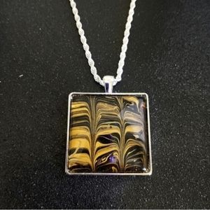 Sterling silver rope necklace with black gold acrylic paint pour square pendant